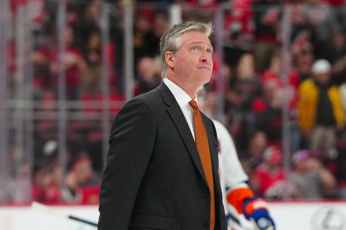 Mar 30, 2025; Raleigh, North Carolina, USA;  New York Islanders head coach Patrick Roy walks off the ice after their loss to the Carolina Hurricanes at Lenovo Center. Mandatory Credit: James Guillory-Imagn Images