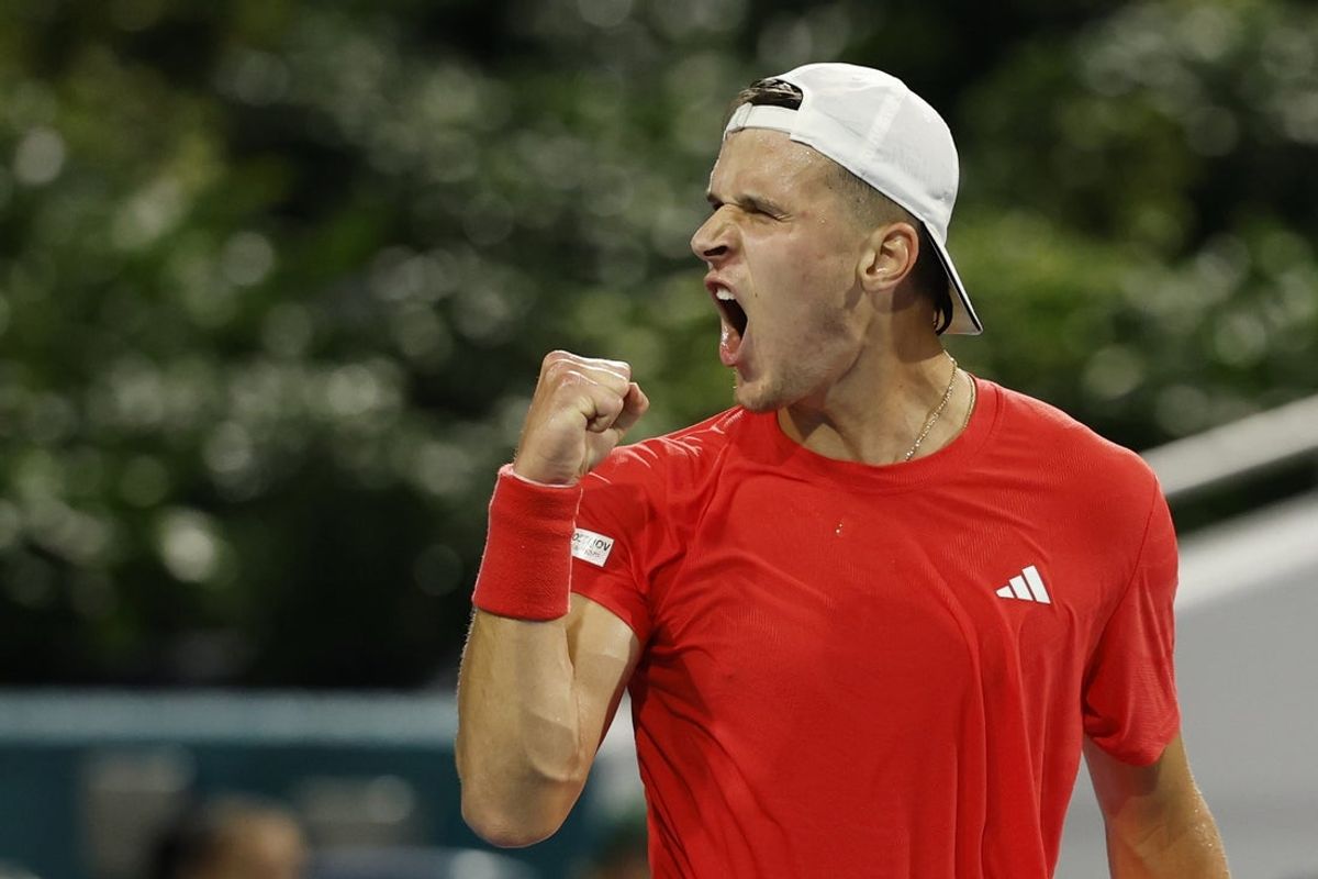 Mar 30, 2025; Miami, FL, USA; Jakub Mensik (CZE) reacts after winning the first set against Novak Djokovic (SRB)(not pictured) in the men's singles championship of the Miami Open at Hard Rock Stadium. Mandatory Credit: Geoff Burke-Imagn Images