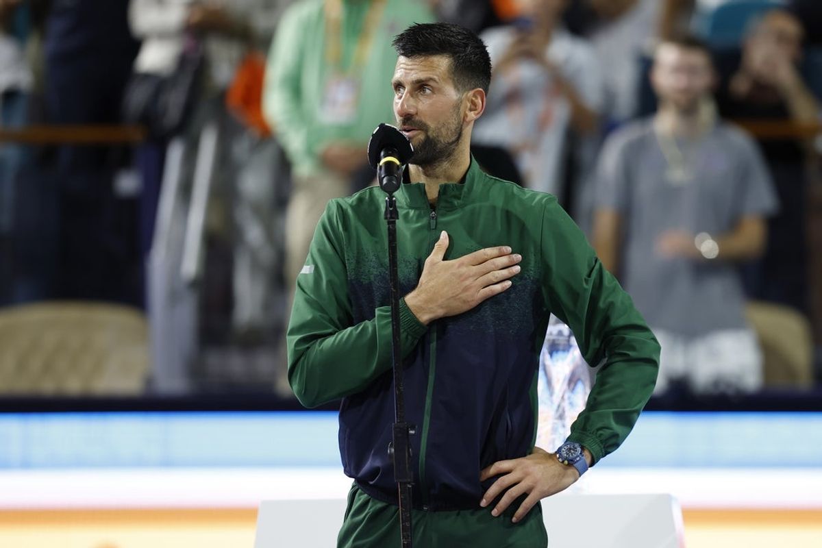 Mar 30, 2025; Miami, FL, USA; Novak Djokovic (SRB) speaks during the trophy ceremony after his match against Jakub Mensik (CZE)(not pictured) in the men's singles championship of the Miami Open at Hard Rock Stadium. Mandatory Credit: Geoff Burke-Imagn Images