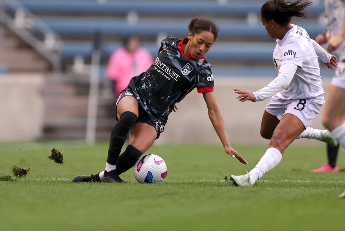 Mar 30, 2025; Bridgeview, Illinois, USA; Chicago Stars FC forward Nadia Gomes (26) controls the ball during the second half against Racing Louisville FC at SeatGeek Stadium. Mandatory Credit: Melissa Tamez-Imagn Images