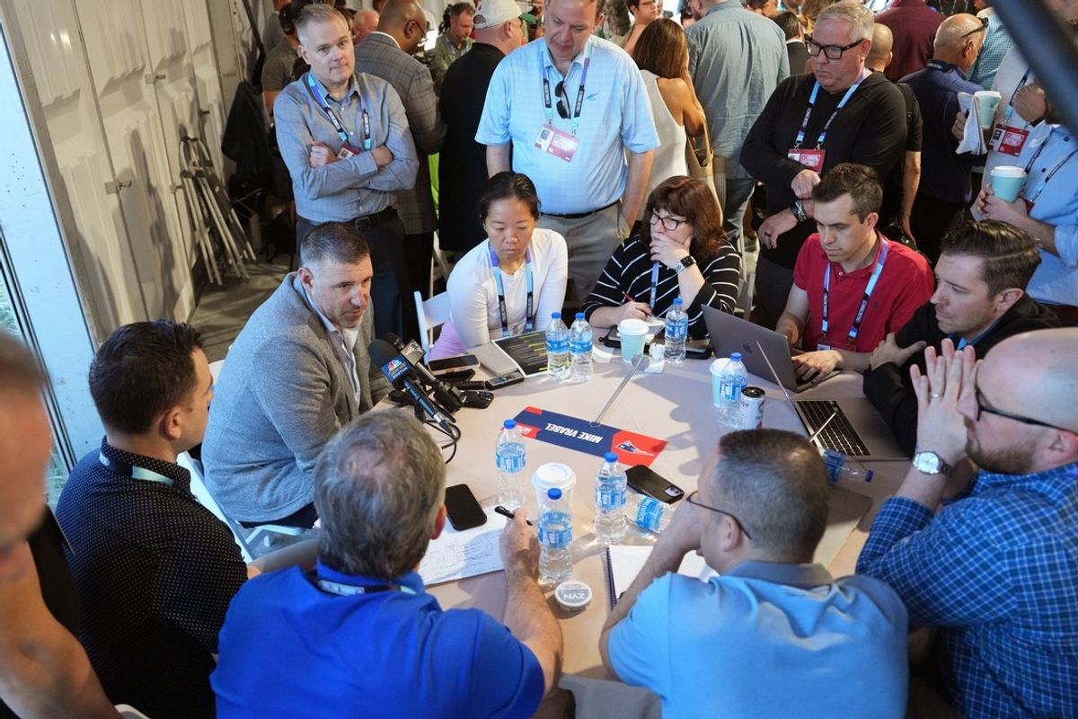 Mar 31, 2025; Palm Beach, FL, USA;  New England Patriots head coach Mike Vrabel answers questions from the media during the NFL Annual League Meeting at The Breakers. Mandatory Credit: Jim Rassol-Imagn Images