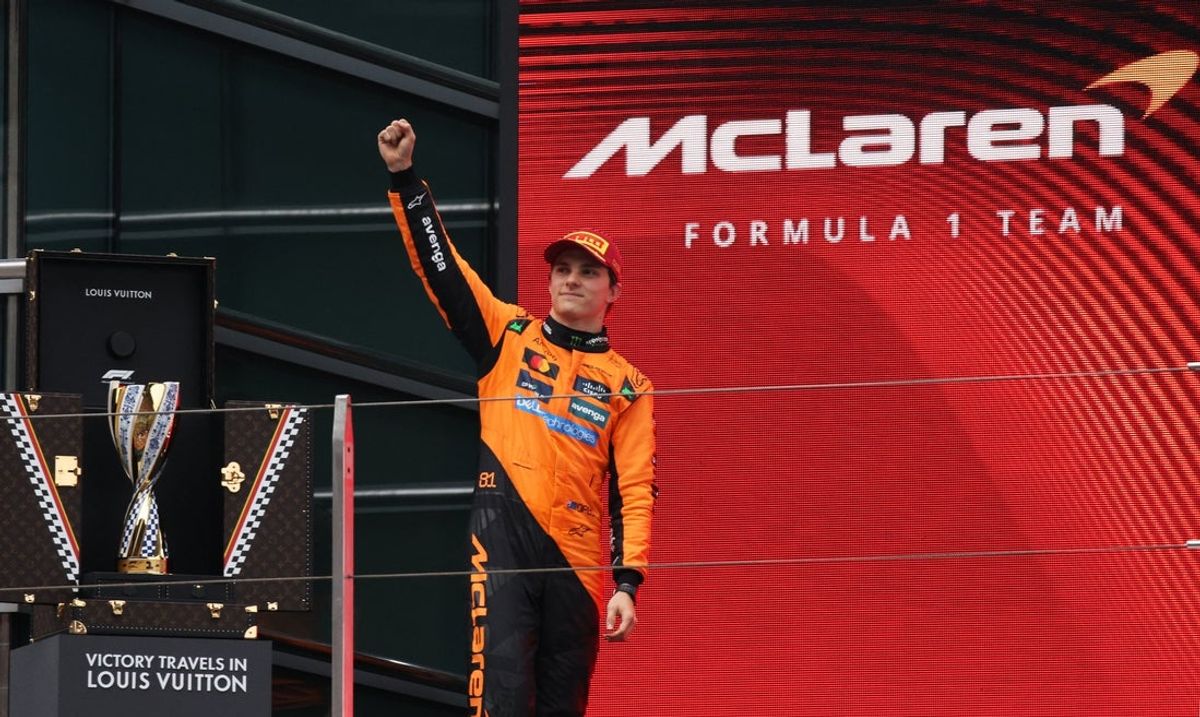 [US, Mexico & Canada customers only] March 23, 2025; Shanghai, CHINA; Oscar Piastri celebrates after winning the F1 Chinese Grand Prix at Shanghai International Circuit. Mandatory Credit: Go Nakamura/Reuters via Imagn Images