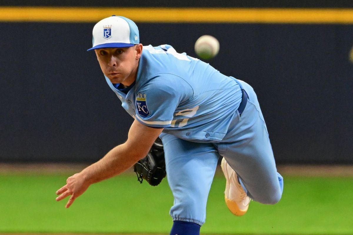 Mar 31, 2025; Milwaukee, Wisconsin, USA; Kansas City Royals starting pitcher Kris Bubic (50) pitches in the first inning against the Milwaukee Brewers at American Family Field. Mandatory Credit: Benny Sieu-Imagn Images