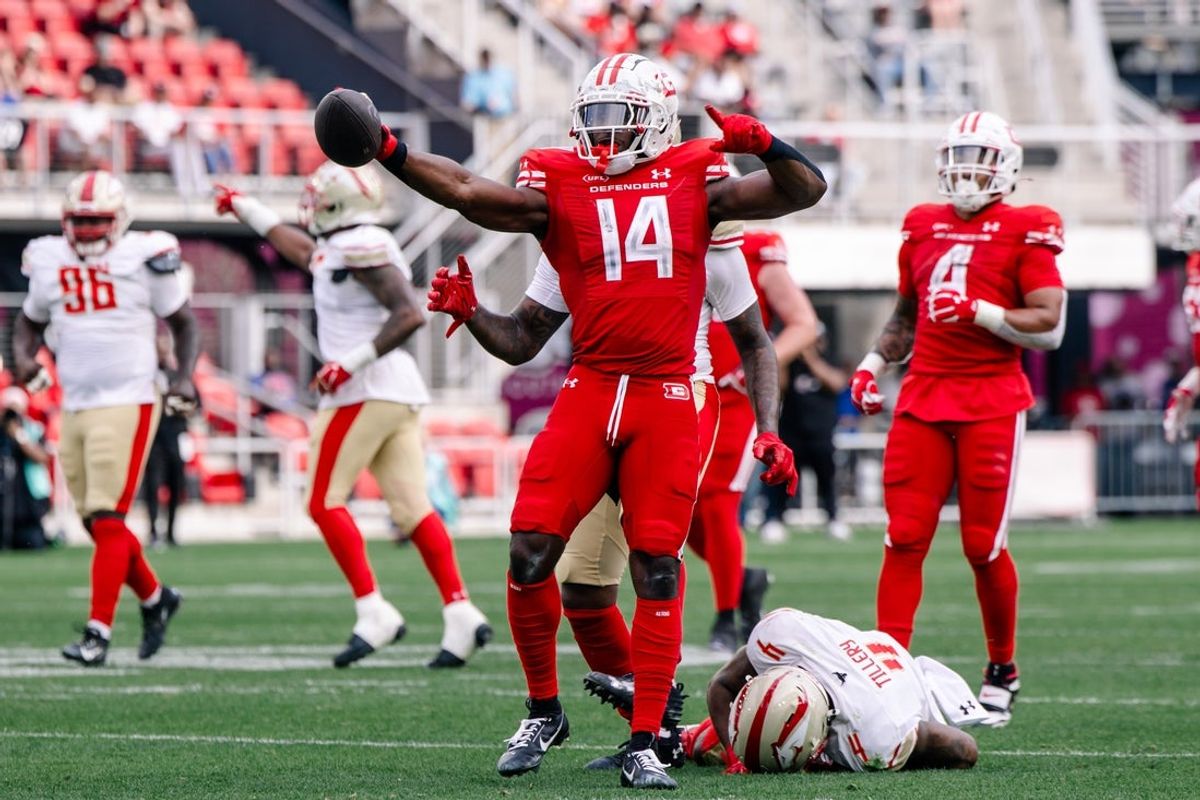 Mar 30, 2025; Washington, D.C., USA; DC Defenders wide receiver Cornell Powell (14) celebrates in the third quarter against the Birmingham Stallions at Audi Field. Mandatory Credit: Emily Faith Morgan-Imagn Images
