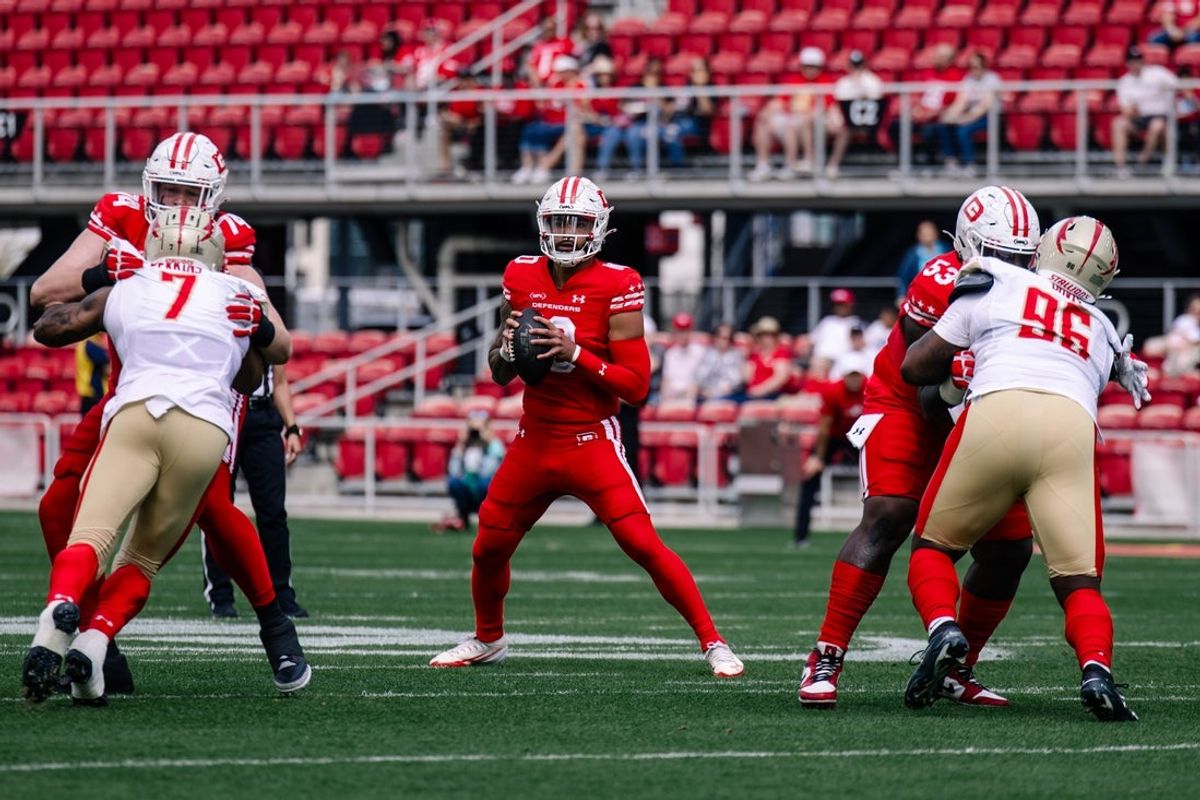 Mar 30, 2025; Washington, D.C., USA; DC Defenders quarterback Jordan Ta'amu (10) prepares to throw the ball in the first quarter against the Birmingham Stallions at Audi Field. Mandatory Credit: Emily Faith Morgan-Imagn Images