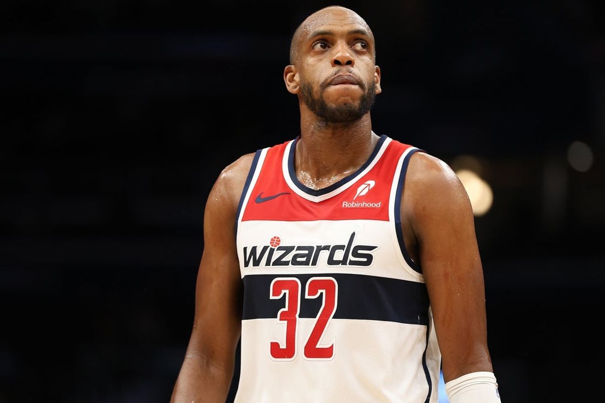 Mar 27, 2025; Washington, District of Columbia, USA; Washington Wizards forward Khris Middleton (32) looks on during the first half against the Indiana Pacers at Capital One Arena. Mandatory Credit: Daniel Kucin Jr.-Imagn Images