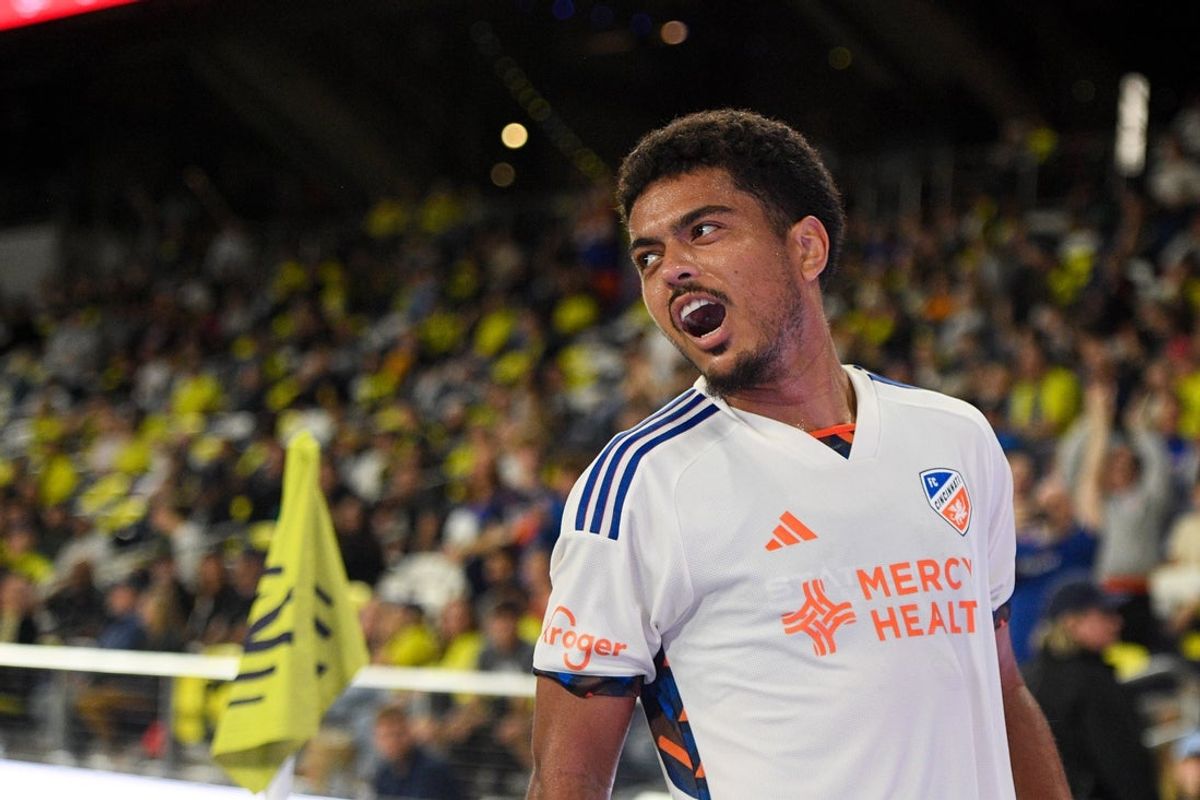 Mar 29, 2025; Nashville, Tennessee, USA;  FC Cincinnati midfielder Evander (10) celebrates his goal against the Nashville SC during the first half at Geodis Park. Mandatory Credit: Steve Roberts-Imagn Images