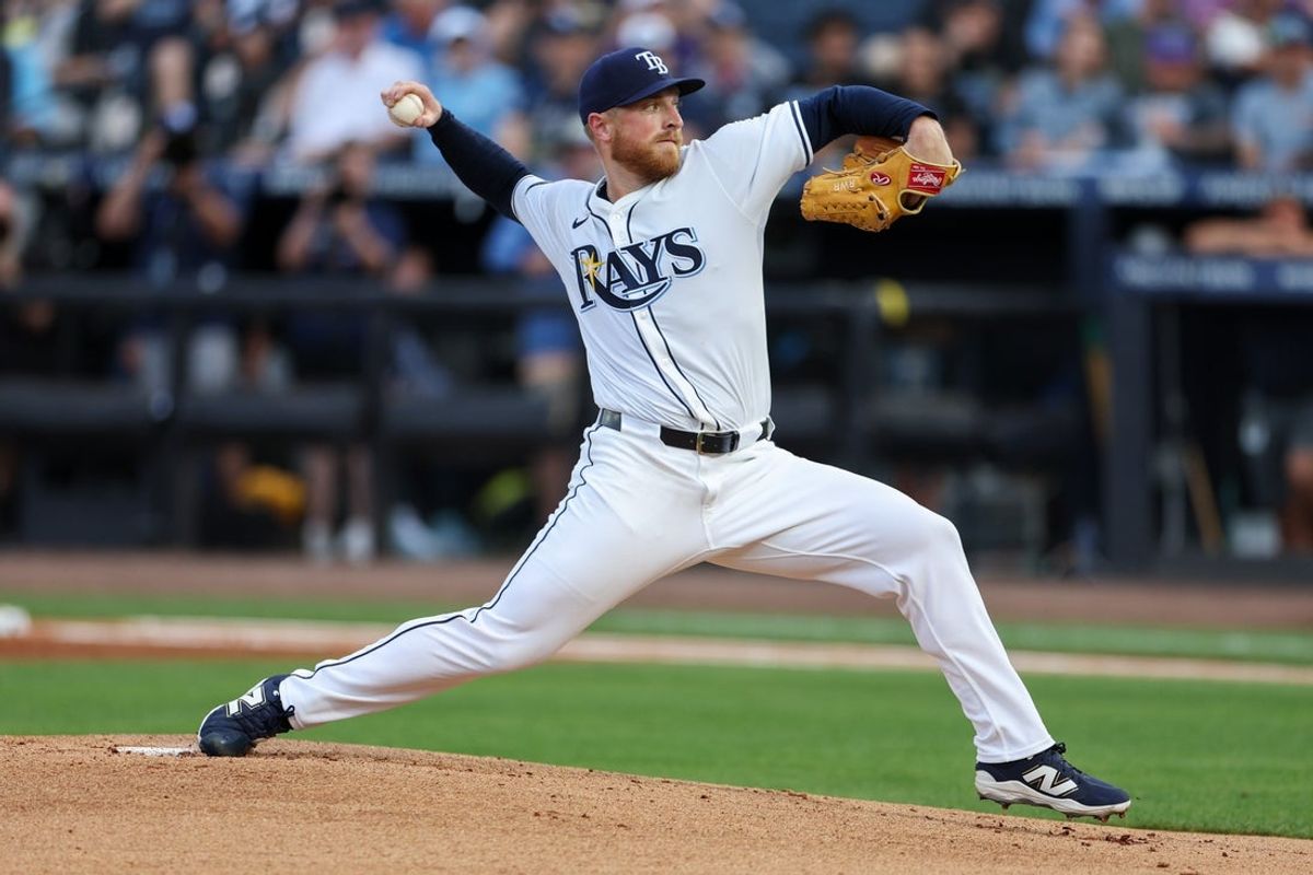 Mar 31, 2025; St. Petersburg, Florida, USA; Tampa Bay Rays pitcher Drew Rasmussen (57) throws a pitch against the Pittsburgh Pirates in the first inning at George M. Steinbrenner Field. Mandatory Credit: Nathan Ray Seebeck-Imagn Images