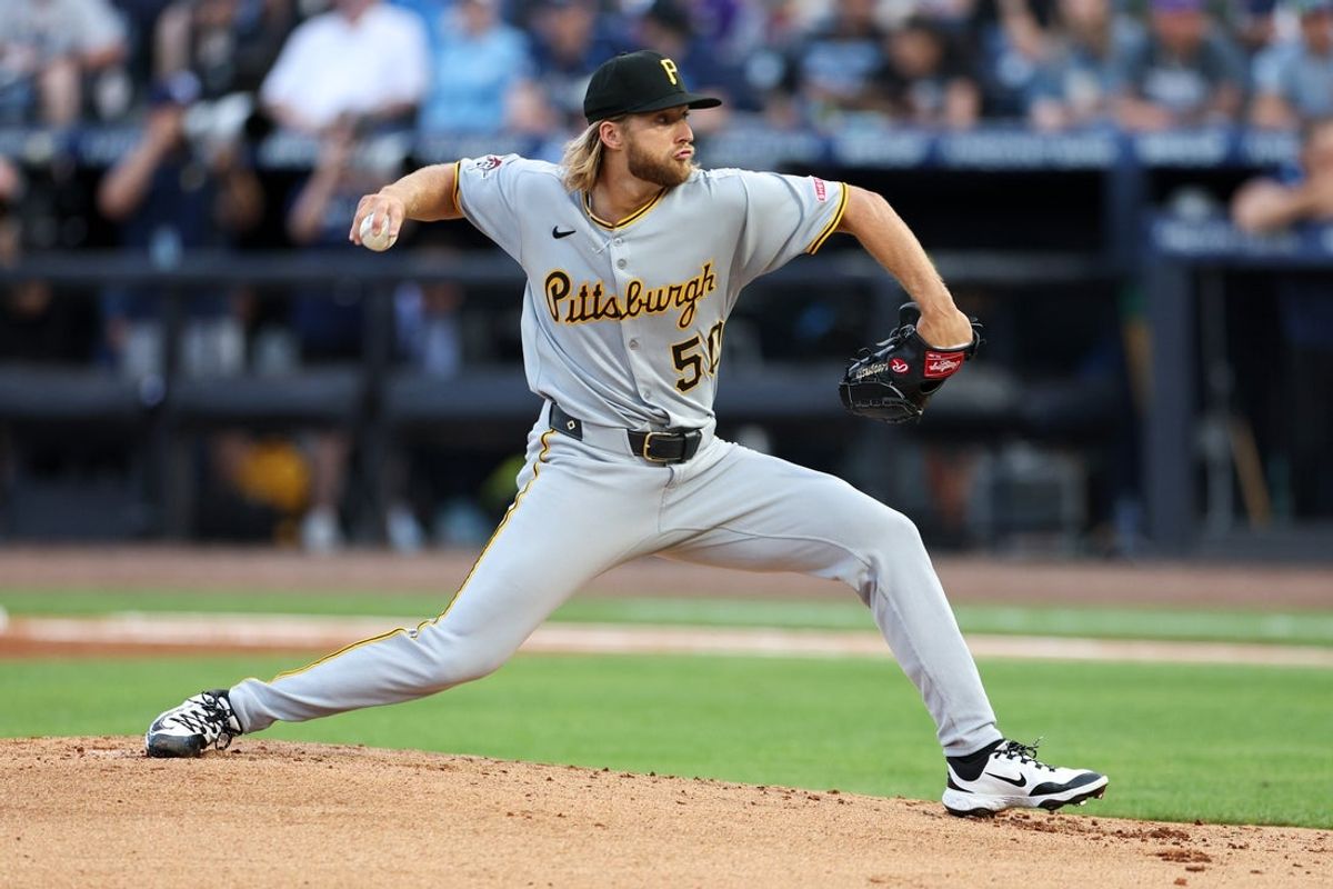 Mar 31, 2025; St. Petersburg, Florida, USA; Pittsburgh Pirates pitcher Carmen Mlodzinski (50) throws a pitch against the Tampa Bay Rays in the first inning at George M. Steinbrenner Field. Mandatory Credit: Nathan Ray Seebeck-Imagn Images