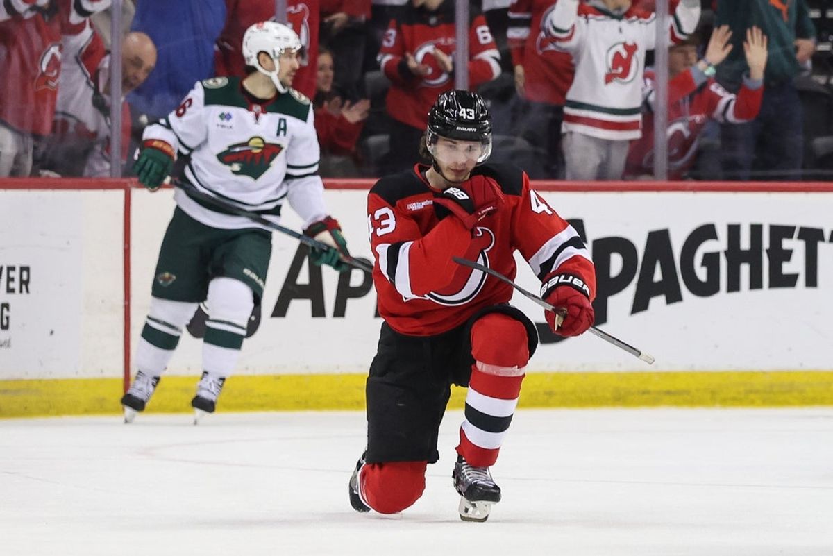 Mar 31, 2025; Newark, New Jersey, USA; New Jersey Devils defenseman Luke Hughes (43) celebrates his goal against the Minnesota Wild during the first period at Prudential Center. Mandatory Credit: Ed Mulholland-Imagn Images
