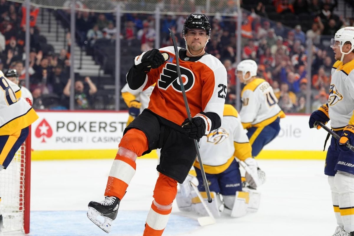 Mar 31, 2025; Philadelphia, Pennsylvania, USA; Philadelphia Flyers center Ryan Poehling (25) reacts after scoring a goal against the Nashville Predators in the second period at Wells Fargo Center. Mandatory Credit: Kyle Ross-Imagn Images
