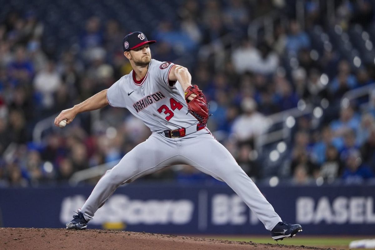 Mar 31, 2025; Toronto, Ontario, CAN; Washington Nationals pitcher Michael Soroka (34) pitches to the Toronto Blue Jays during the first inning at Rogers Centre. Mandatory Credit: Kevin Sousa-Imagn Images