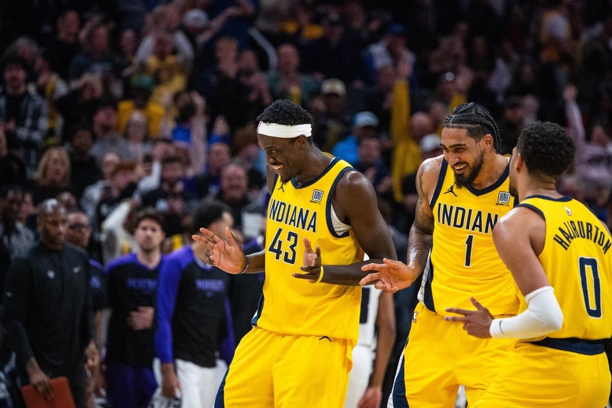 Mar 31, 2025; Indianapolis, Indiana, USA; Indiana Pacers forward Pascal Siakam (43)  celebrates his basket in the second half against the Sacramento Kings at Gainbridge Fieldhouse. Mandatory Credit: Trevor Ruszkowski-Imagn Images