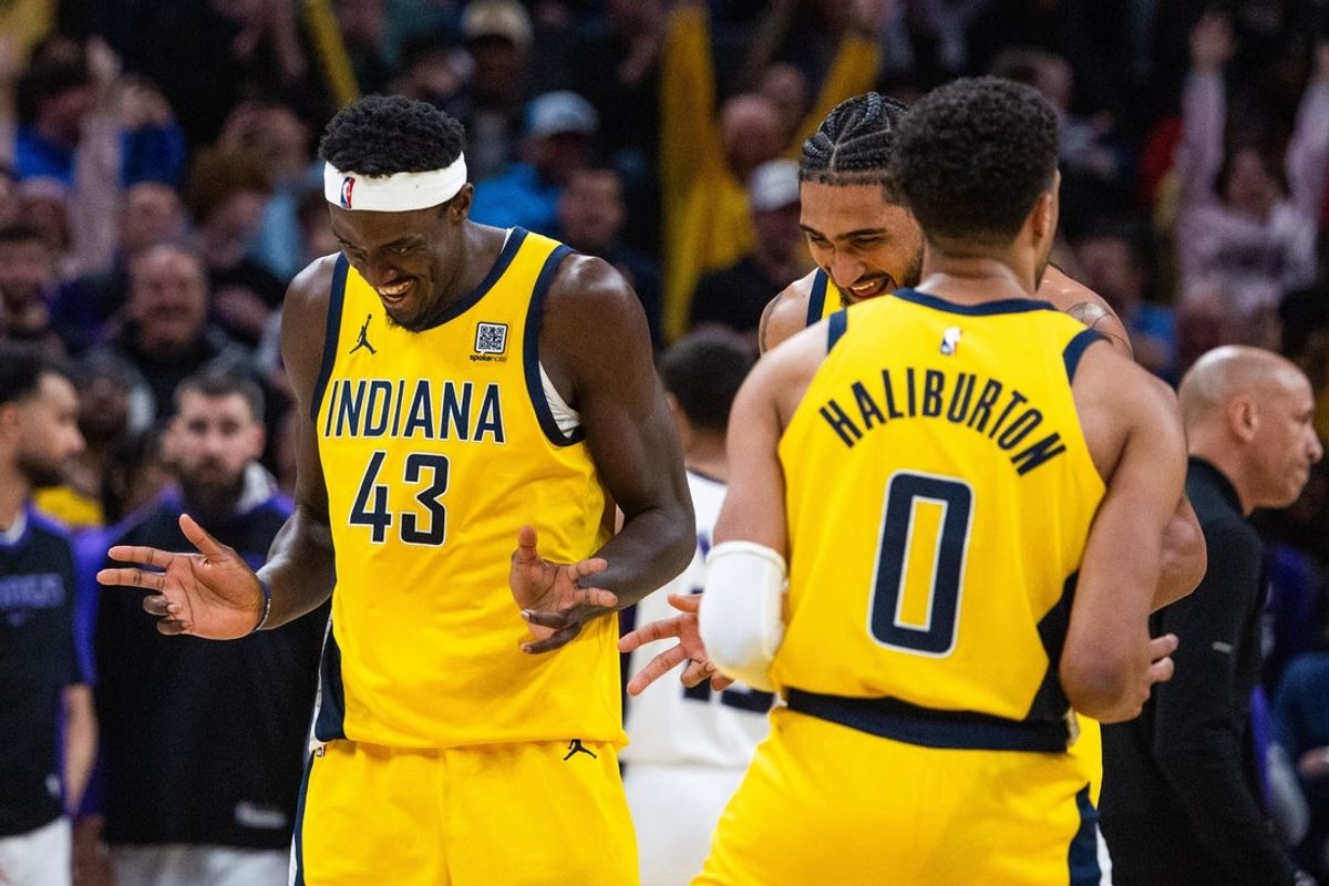 Mar 31, 2025; Indianapolis, Indiana, USA; Indiana Pacers forward Pascal Siakam (43)  celebrates his basket in the second half against the Sacramento Kings at Gainbridge Fieldhouse. Mandatory Credit: Trevor Ruszkowski-Imagn Images