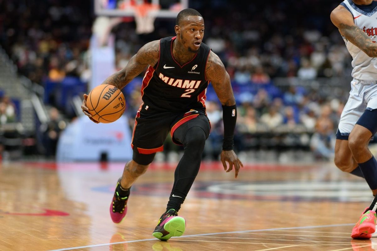 Mar 31, 2025; Washington, District of Columbia, USA; Miami Heat guard Terry Rozier (2) handles the ball during the second quarter against the Washington Wizards at Capital One Arena. Mandatory Credit: Reggie Hildred-Imagn Images