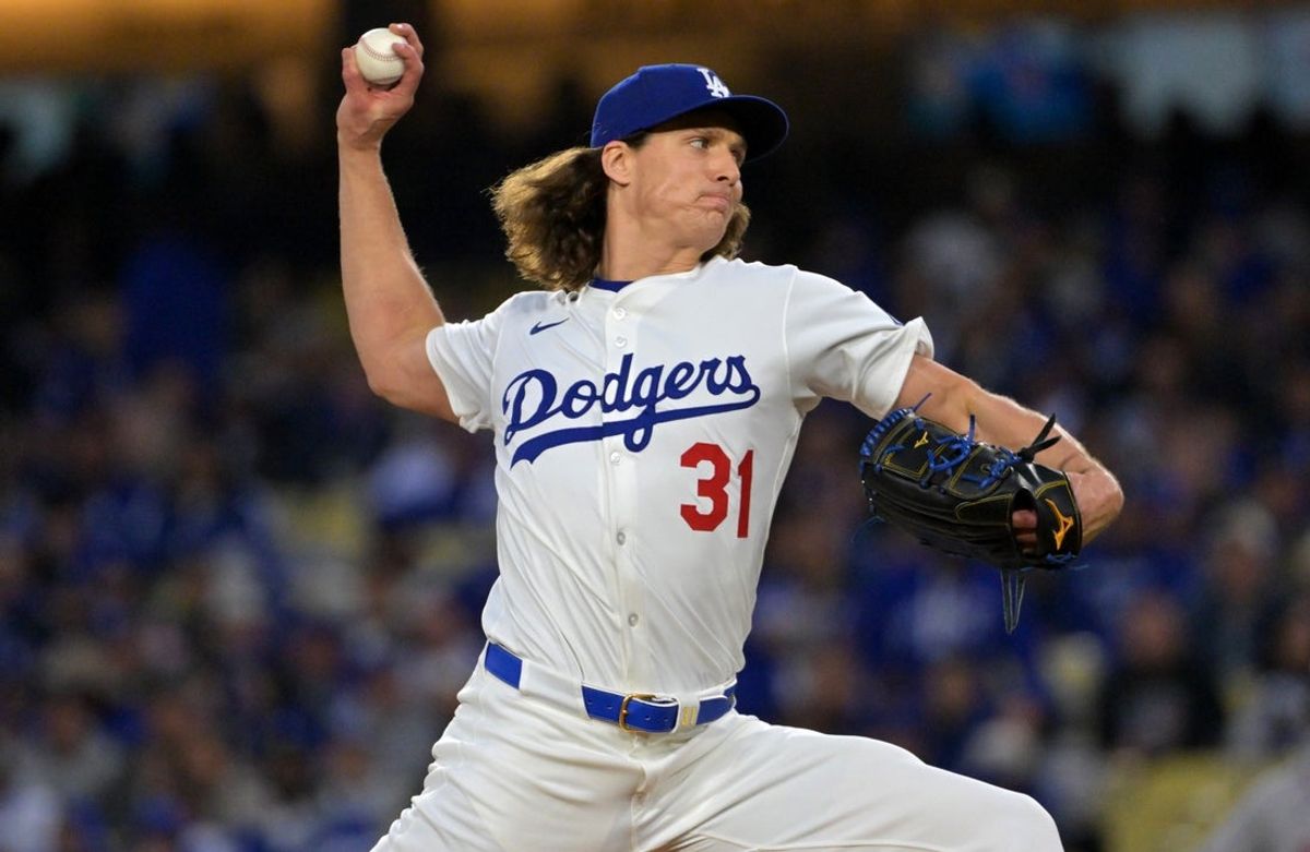 Mar 31, 2025; Los Angeles, California, USA; Los Angeles Dodgers pitcher Tyler Glasnow (31) throws in the first inning against the Atlanta Braves at Dodger Stadium. Mandatory Credit: Jayne Kamin-Oncea-Imagn Images