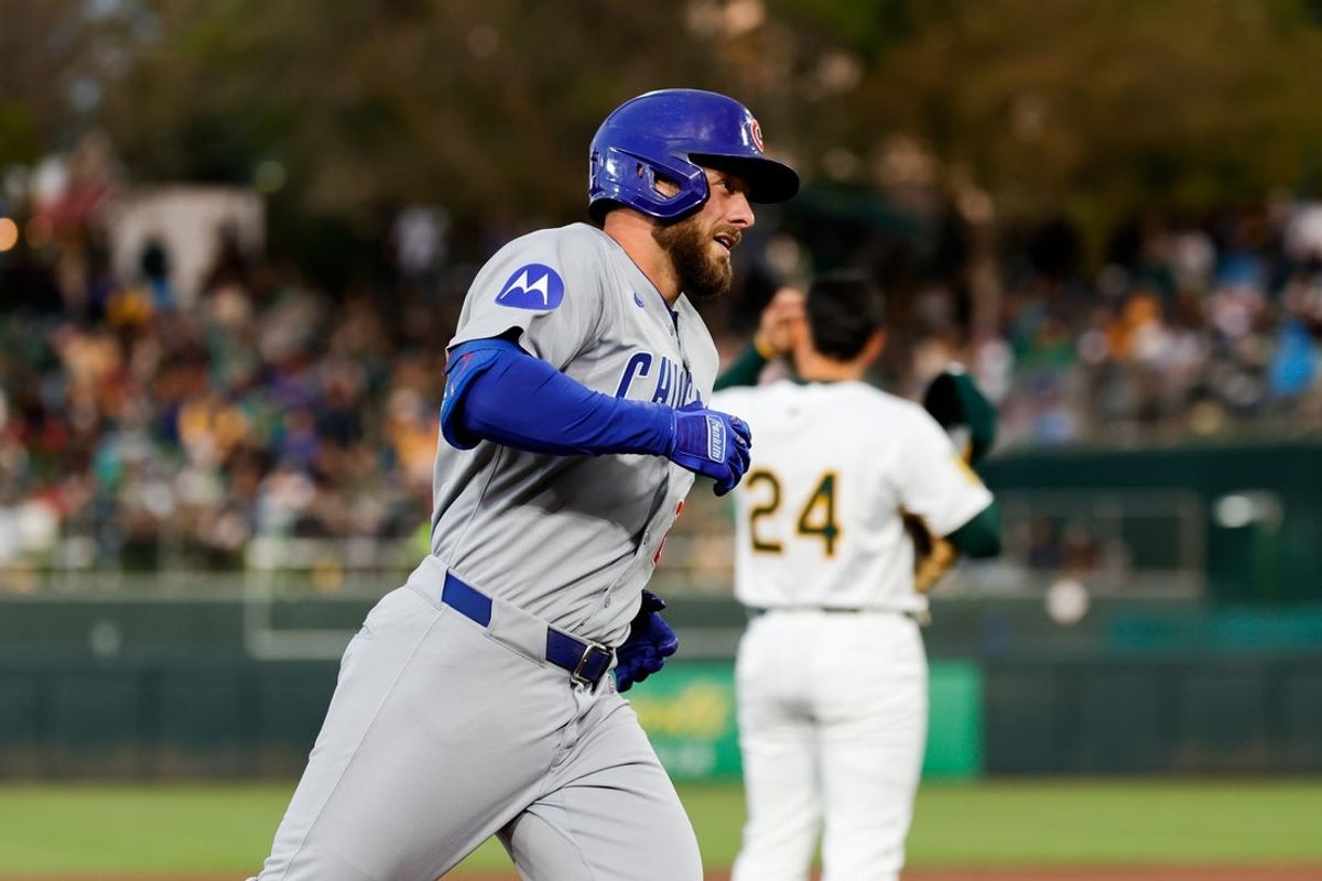 Mar 31, 2025; West Sacramento, California, USA; Chicago Cubs first base Michael Busch (29) hits a two run home run during the first inning against the Athletics  at Sutter Health Park. Mandatory Credit: Sergio Estrada-Imagn Images