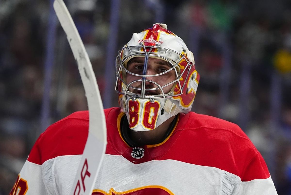 Mar 31, 2025; Denver, Colorado, USA; Calgary Flames goaltender Dan Vladar (80) during the third period against the Colorado Avalanche at Ball Arena. Mandatory Credit: Ron Chenoy-Imagn Images