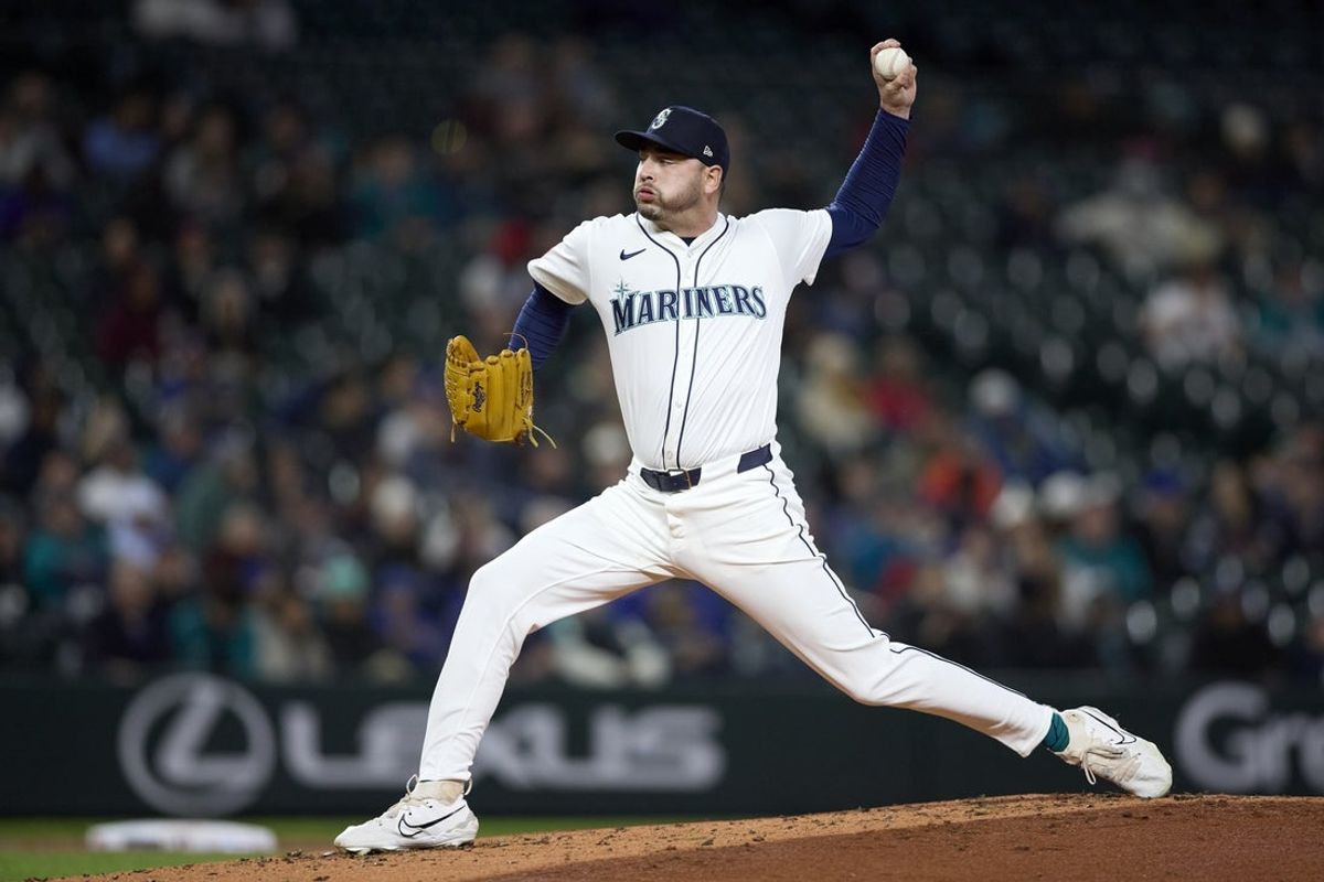 Mar 31, 2025; Seattle, Washington, USA; Seattle Mariners pitcher Tayler Saucedo (60) throws against the Detroit Tigers during the second inning at T-Mobile Park. Mandatory Credit: John Froschauer-Imagn Images