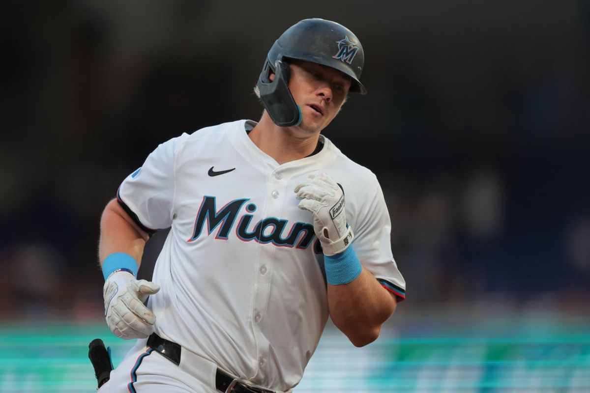 Apr 1, 2025; Miami, Florida, USA; Miami Marlins left fielder Kyle Stowers (28) circles the bases after hitting a two-run home run against the New York Mets during the first inning at loanDepot Park. Mandatory Credit: Sam Navarro-Imagn Images