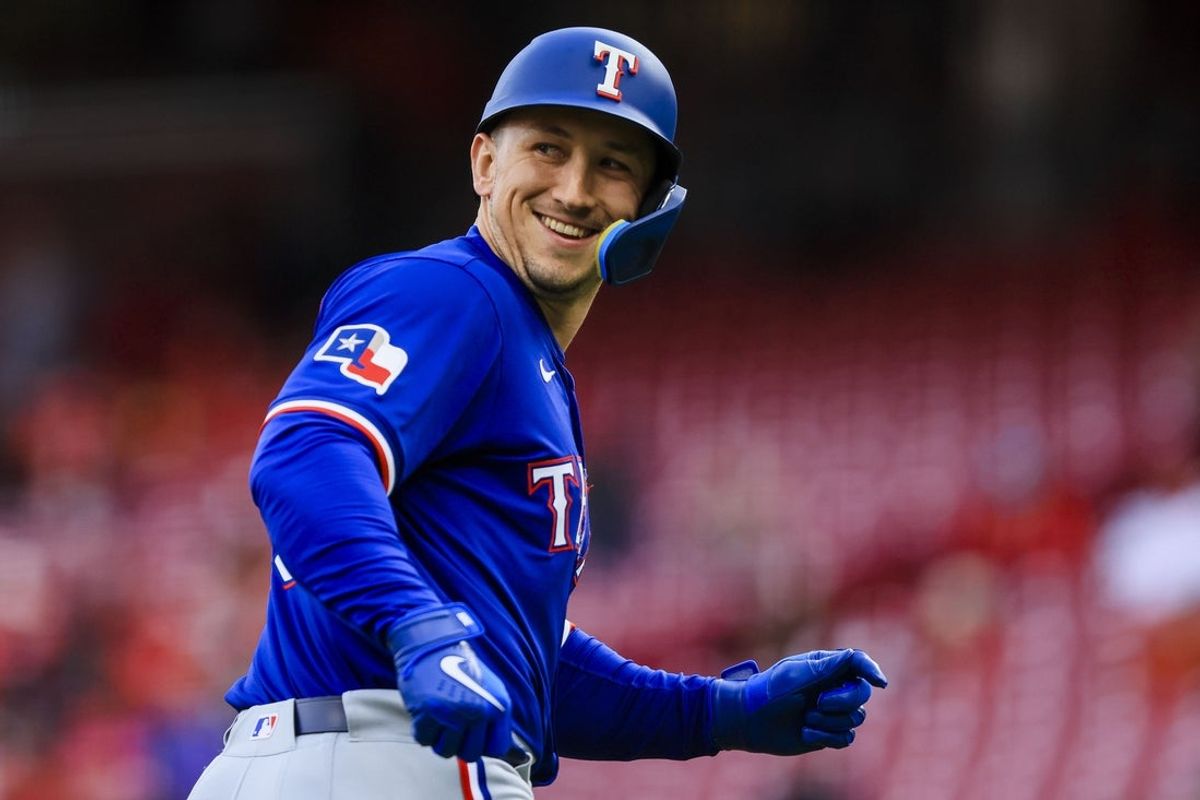 Apr 1, 2025; Cincinnati, Ohio, USA; Texas Rangers outfielder Wyatt Langford (36) reacts after hitting a solo home run in the first inning against the Cincinnati Reds at Great American Ball Park. Mandatory Credit: Katie Stratman-Imagn Images
