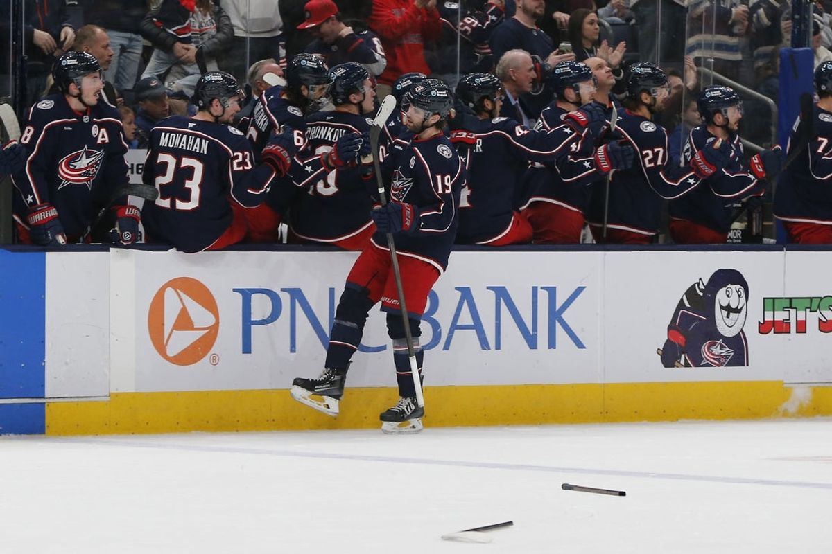 Apr 1, 2025; Columbus, Ohio, USA; Columbus Blue Jackets center Adam Fantilli (19) celebrates his goal against the Nashville Predators  during the first period at Nationwide Arena. Mandatory Credit: Russell LaBounty-Imagn Images