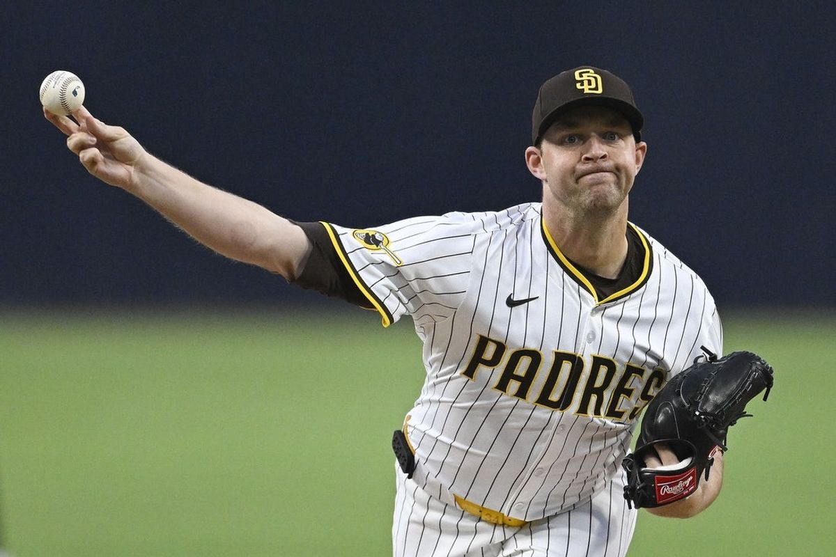 Apr 1, 2025; San Diego, California, USA; San Diego Padres starting pitcher Michael King (34) delivers during the first inning against the Cleveland Guardians at Petco Park. Mandatory Credit: Denis Poroy-Imagn Images