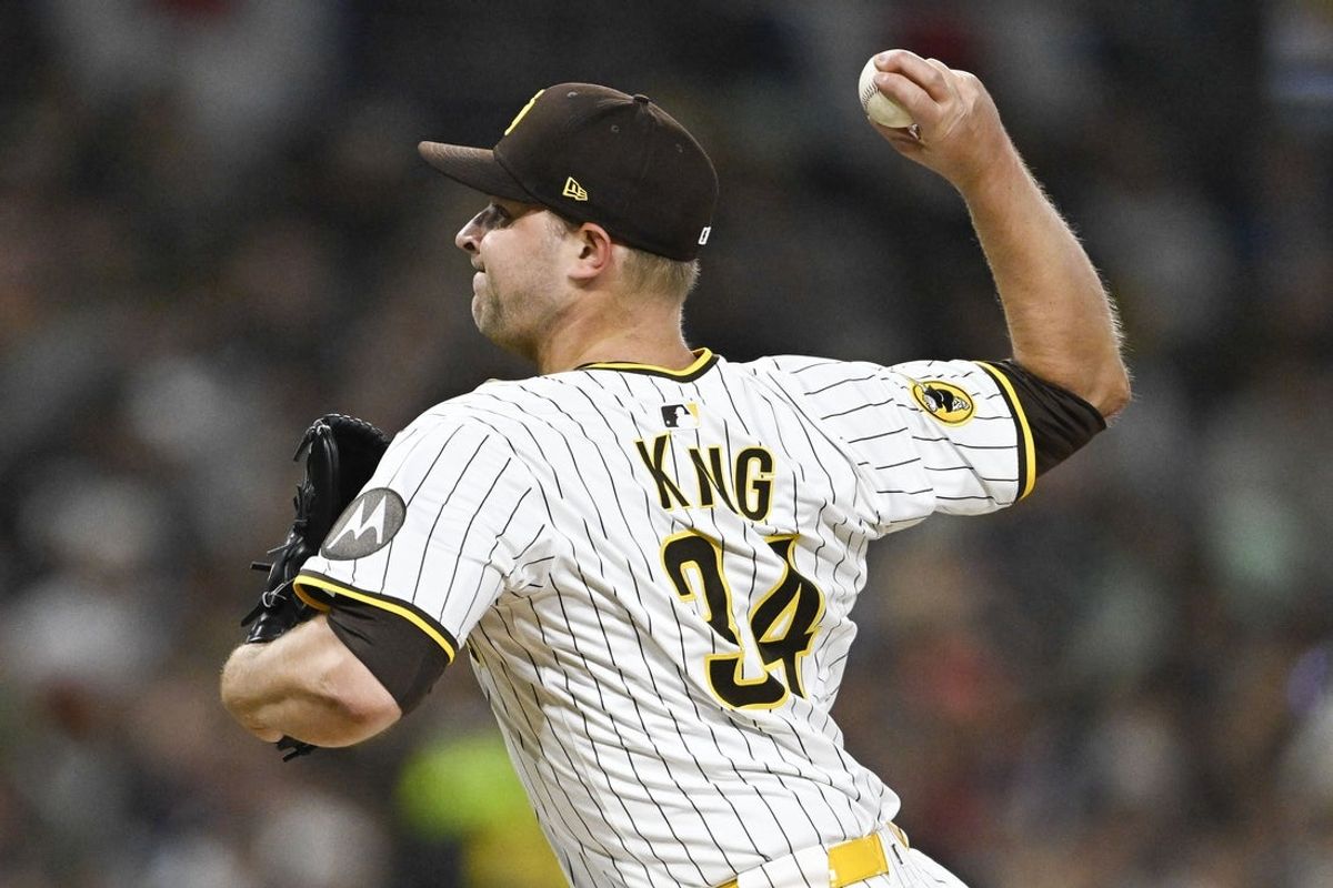 Apr 1, 2025; San Diego, California, USA; San Diego Padres starting pitcher Michael King (34) delivers during the fourth inning against the Cleveland Guardians at Petco Park. Mandatory Credit: Denis Poroy-Imagn Images