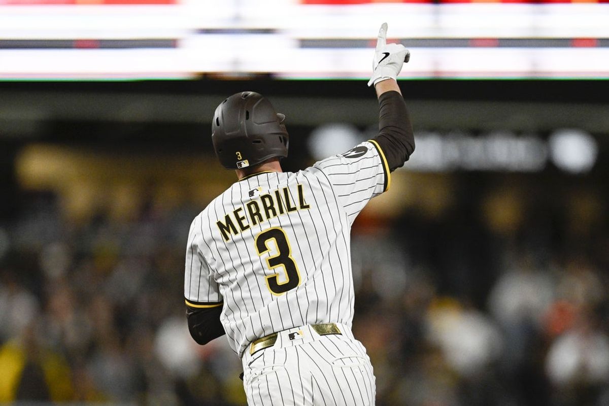 Apr 1, 2025; San Diego, California, USA; San Diego Padres center fielder Jackson Merrill (3) rounds the bases after hitting a solo home run during the fourth inning against the Cleveland Guardians at Petco Park. Mandatory Credit: Denis Poroy-Imagn Images