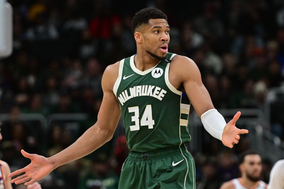 Apr 1, 2025; Milwaukee, Wisconsin, USA;  Milwaukee Bucks forward Giannis Antetokounmpo (34) reacts in the second quarter against the Phoenix Suns at Fiserv Forum. Mandatory Credit: Benny Sieu-Imagn Images