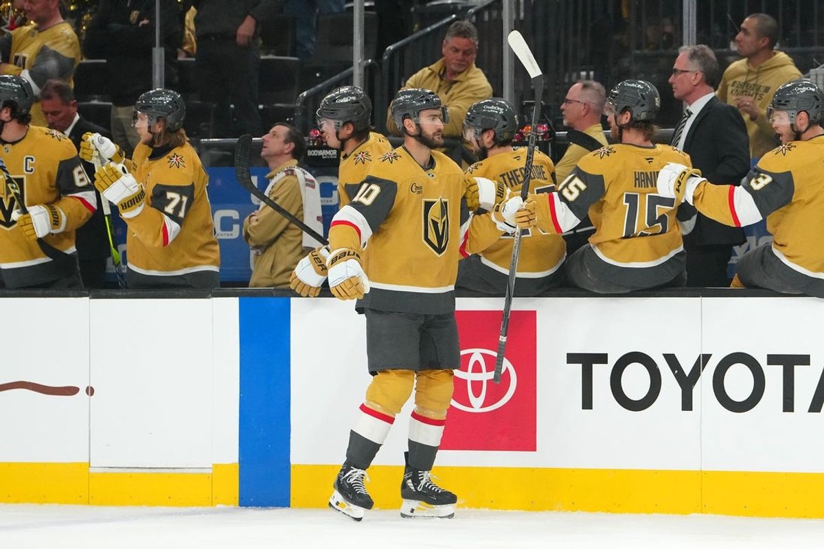 Apr 1, 2025; Las Vegas, Nevada, USA; Vegas Golden Knights center Nicolas Roy (10) celebrates after scoring a goal against the Edmonton Oilers during the first period at T-Mobile Arena. Mandatory Credit: Stephen R. Sylvanie-Imagn Images