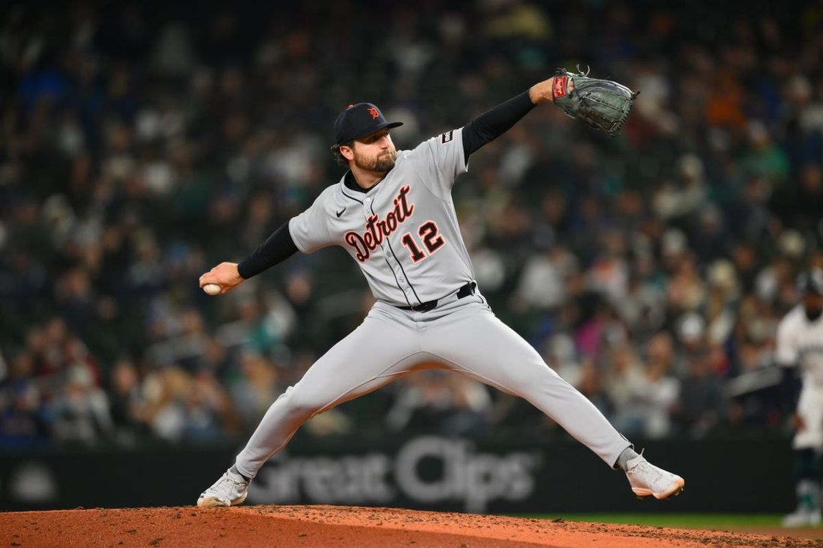 Apr 1, 2025; Seattle, Washington, USA; Detroit Tigers starting pitcher Casey Mize (12) pitches to the Seattle Mariners during the fifth inning at T-Mobile Park. Mandatory Credit: Steven Bisig-Imagn Images