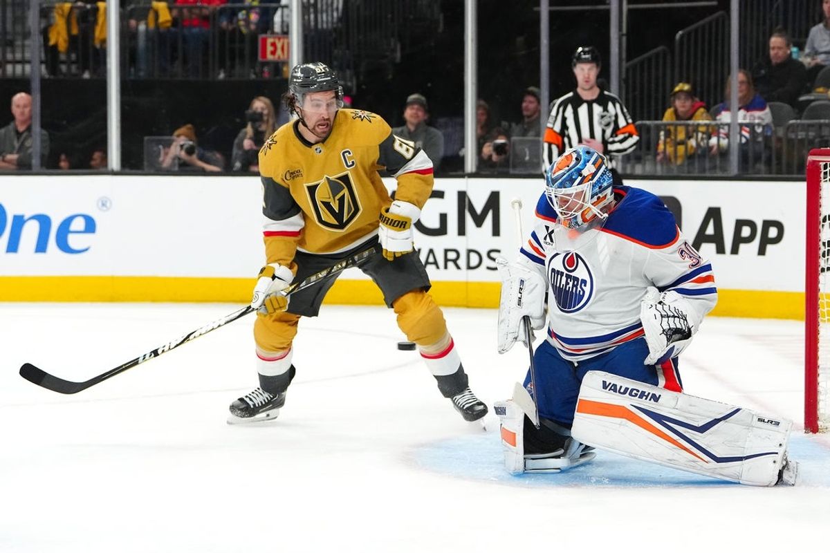 Apr 1, 2025; Las Vegas, Nevada, USA; Edmonton Oilers goaltender Calvin Pickard (30) looks to make a save as Vegas Golden Knights right wing Mark Stone (61) awaits the rebound during the second period at T-Mobile Arena. Mandatory Credit: Stephen R. Sylvanie-Imagn Images