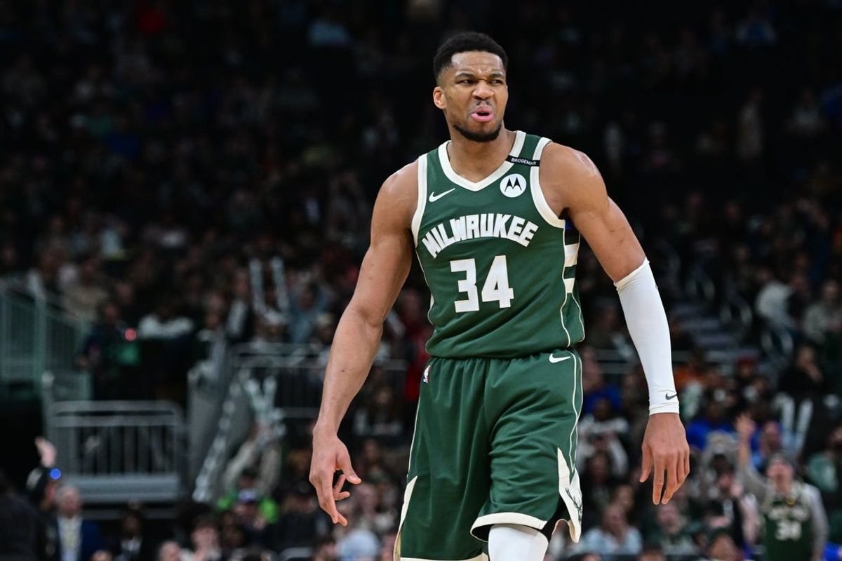 Apr 1, 2025; Milwaukee, Wisconsin, USA; Milwaukee Bucks forward Giannis Antetokounmpo (34) reacts in the fourth quarter against the Phoenix Suns at Fiserv Forum. Mandatory Credit: Benny Sieu-Imagn Images