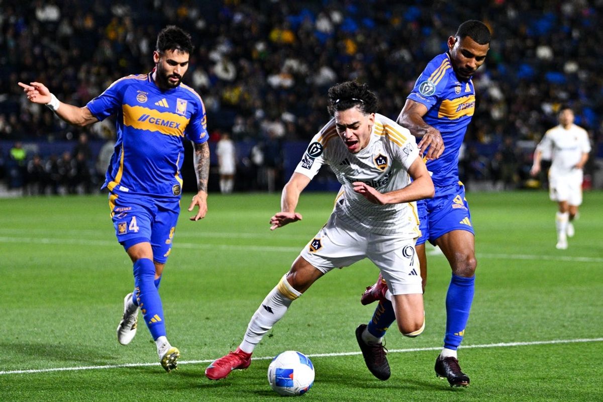 Apr 1, 2025; Carson, California, USA; Tigres UANL defender Joaquim (2) fouls LA Galaxy forward Matheus Nascimento (9) while battling for the ball during the second half at Dignity Health Sports Park. Mandatory Credit: Kelvin Kuo-Imagn Images