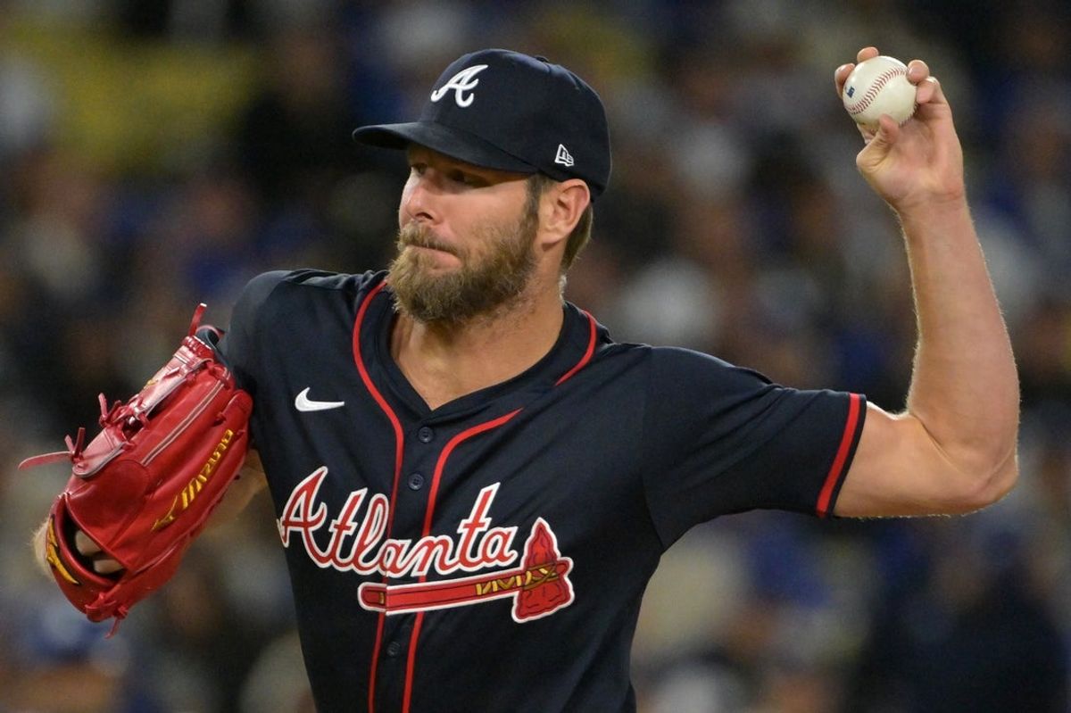 Apr 1, 2025; Los Angeles, California, USA;  Atlanta Braves starting pitcher Chris Sale (51) delivers to the plate in the third inning against the Los Angeles Dodgers at Dodger Stadium. Mandatory Credit: Jayne Kamin-Oncea-Imagn Images