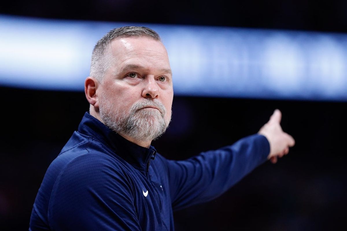 Apr 1, 2025; Denver, Colorado, USA; Denver Nuggets head coach Michael Malone in the second quarter against the Minnesota Timberwolves at Ball Arena. Mandatory Credit: Isaiah J. Downing-Imagn Images