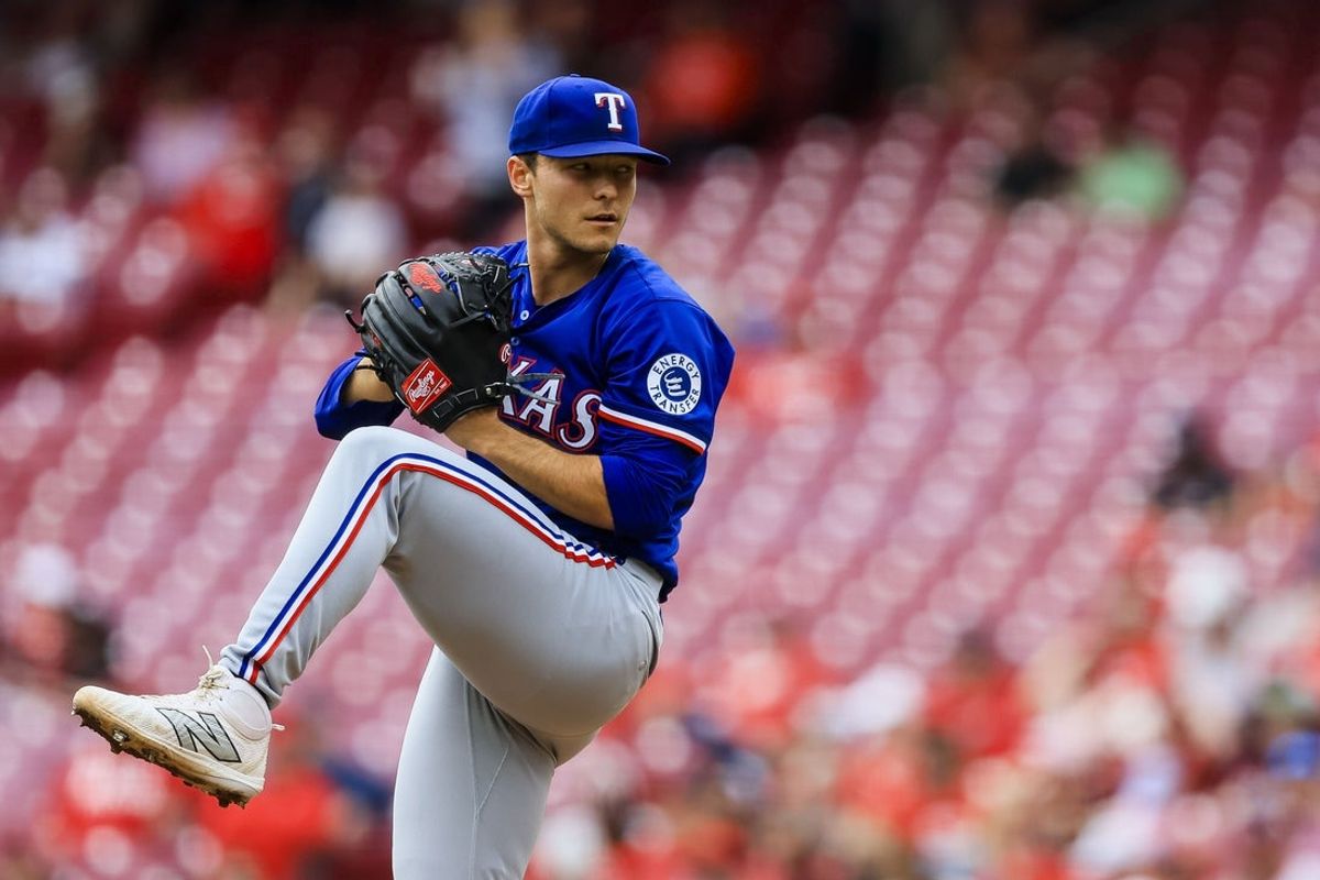 Apr 2, 2025; Cincinnati, Ohio, USA; Texas Rangers starting pitcher Jack Leiter (35) pitches in the second inning against the Cincinnati Reds at Great American Ball Park. Mandatory Credit: Katie Stratman-Imagn Images