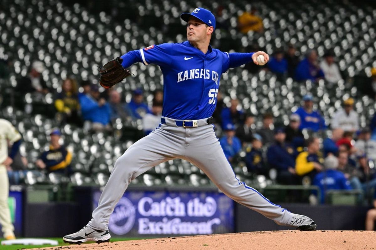 Apr 2, 2025; Milwaukee, Wisconsin, USA;  Kansas City Royals starting pitcher Cole Ragans (55) pitches in the first inning against the Milwaukee Brewers at American Family Field. Mandatory Credit: Benny Sieu-Imagn Images
