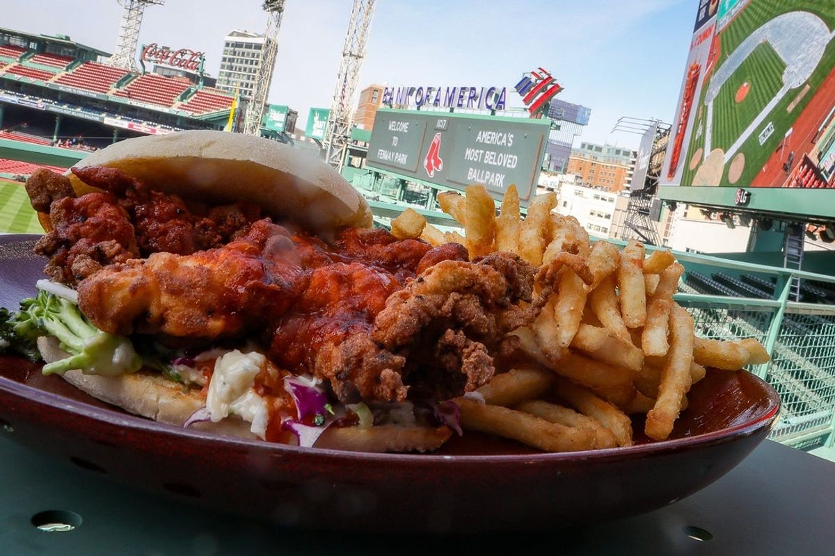 Buffalo chicken sandwich is put on display during a presentation of new concessions at Fenway Park on Wednesday, April 2, 2025.