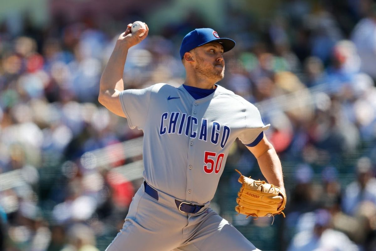 Apr 2, 2025; West Sacramento, California, USA; Chicago Cubs pitcher Jameson Taillon (50) throws a pitch during the first inning against the Athletics at Sutter Health Park. Mandatory Credit: Sergio Estrada-Imagn Images