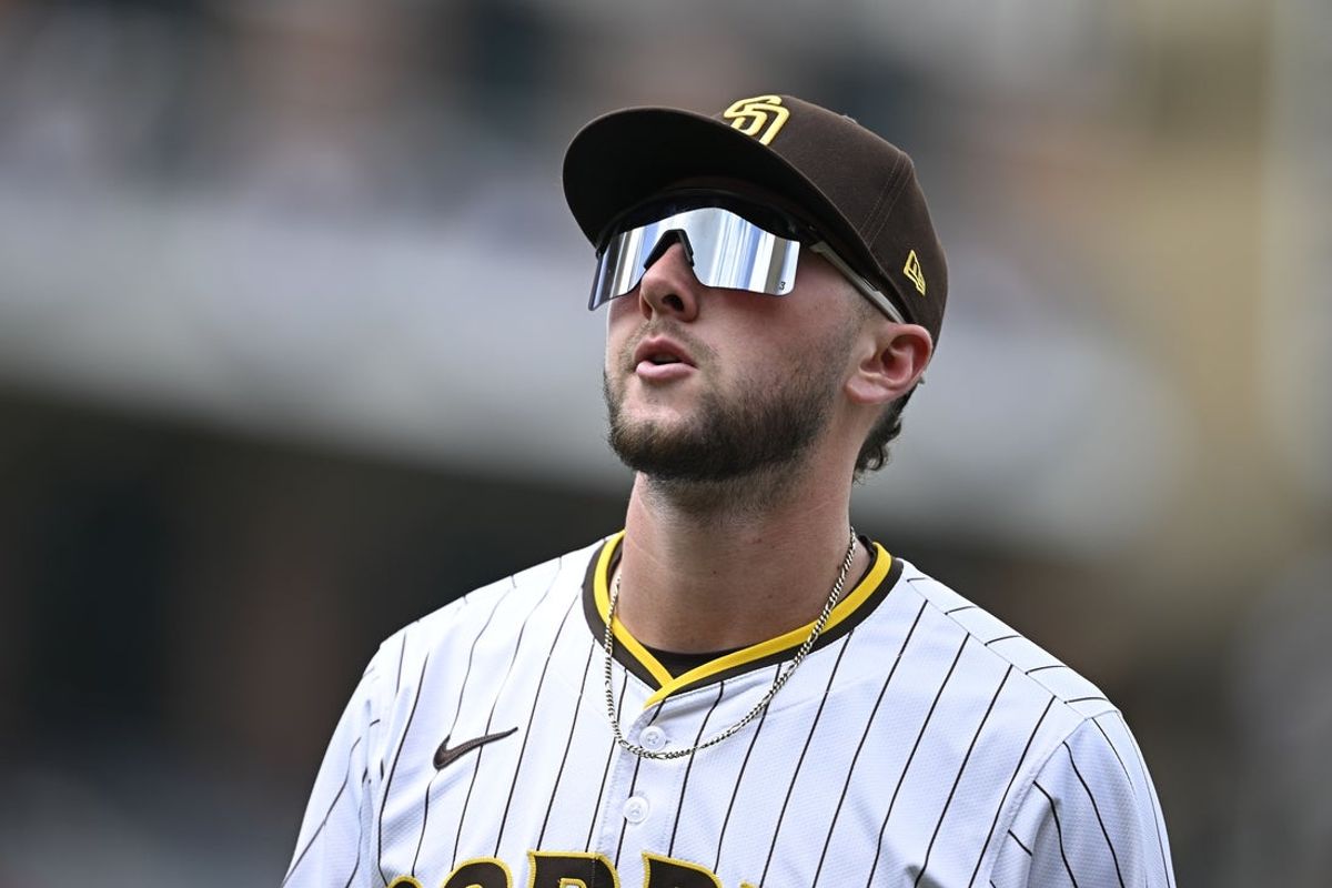 Apr 2, 2025; San Diego, California, USA; San Diego Padres center fielder Jackson Merrill (3) leaves the field during the third inning against the Cleveland Guardians at Petco Park. Mandatory Credit: Denis Poroy-Imagn Images