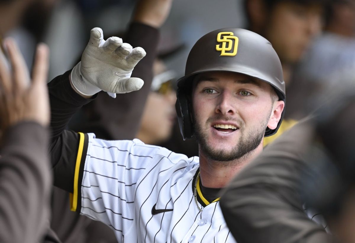 Apr 2, 2025; San Diego, California, USA; San Diego Padres center fielder Jackson Merrill (3) celebrates after hitting a two-run home run during the fourth inning the Cleveland Guardians at Petco Park. Mandatory Credit: Denis Poroy-Imagn Images