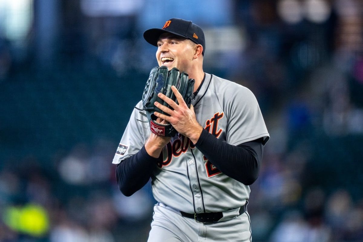 Apr 2, 2025; Seattle, Washington, USA;  Detroit Tigers starting pitcher Tarik Skubal (29) smiles while walking of the at the end of first inning against the Seattle Mariners at T-Mobile Park. Mandatory Credit: Stephen Brashear-Imagn Images