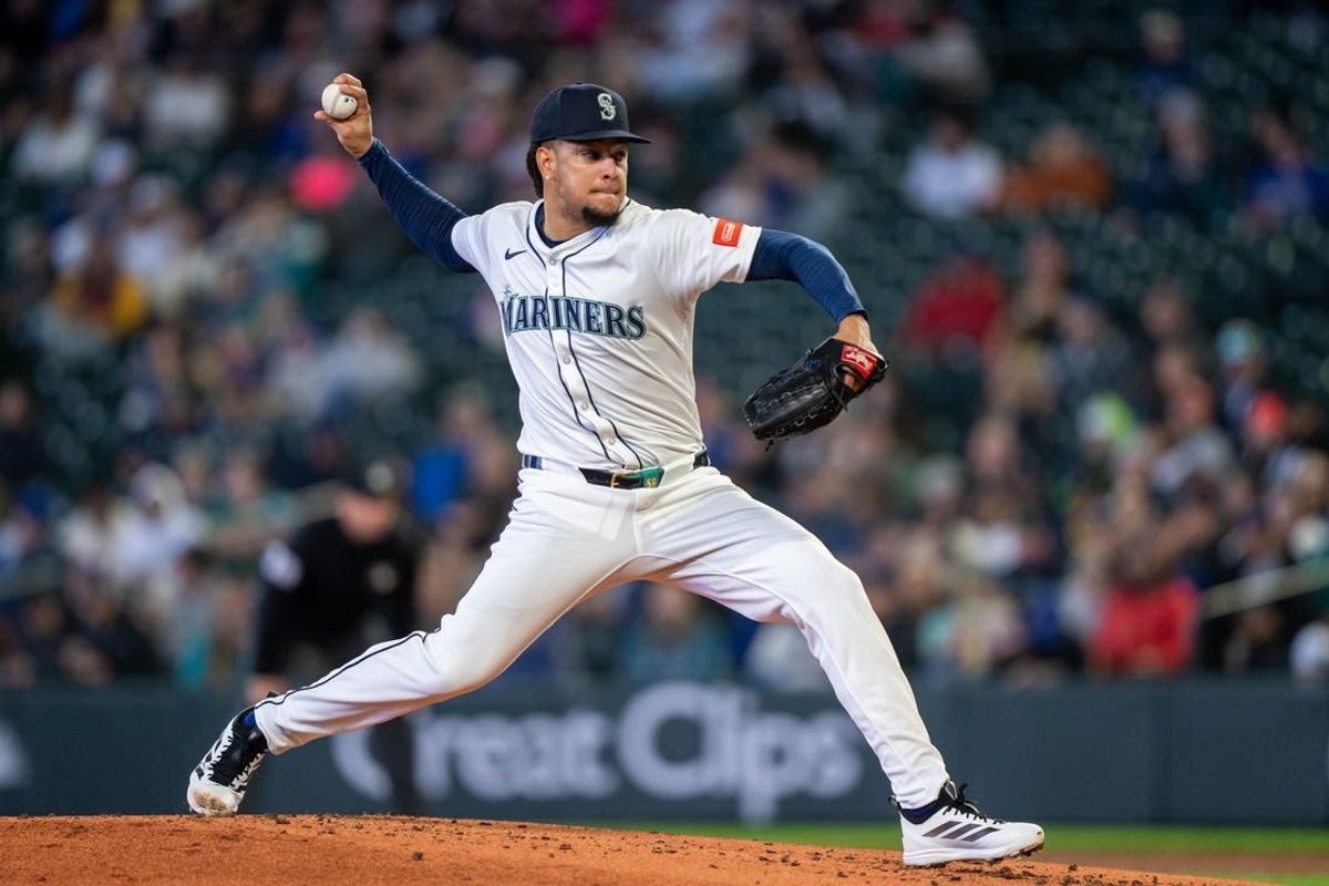 Apr 2, 2025; Seattle, Washington, USA;  Seattle Mariners starter Luis Castillo (58) delivers a pitch during the second inning against the Detroit Tigers at T-Mobile Park. Mandatory Credit: Stephen Brashear-Imagn Images