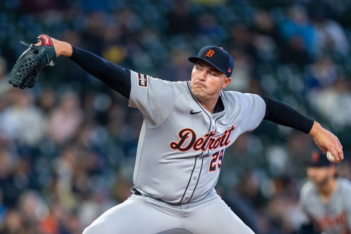 Apr 2, 2025; Seattle, Washington, USA;  Detroit Tigers starter Tarik Skubal (29) delivers a pitch during the fourth inning against the Seattle Mariners at T-Mobile Park. Mandatory Credit: Stephen Brashear-Imagn Images