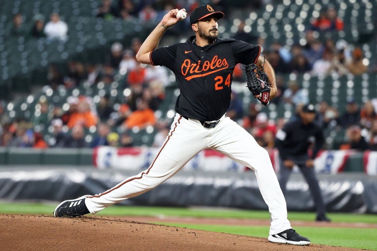 Apr 2, 2025; Baltimore, Maryland, USA; Baltimore Orioles pitcher Zach Eflin (24) throws during the first inning against the Boston Red Sox at Oriole Park at Camden Yards. Mandatory Credit: Daniel Kucin Jr.-Imagn Images