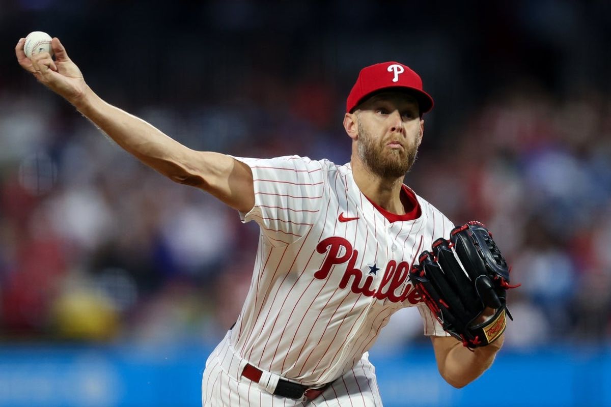 Apr 2, 2025; Philadelphia, Pennsylvania, USA; Philadelphia Phillies pitcher a (45) throws a pitch during the second inning against the Colorado Rockies at Citizens Bank Park. Mandatory Credit: Bill Streicher-Imagn Images