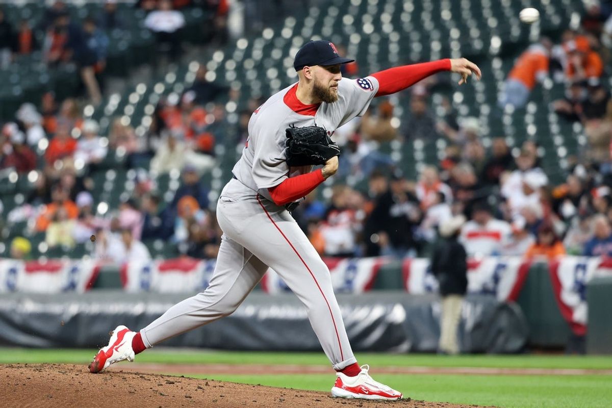Apr 2, 2025; Baltimore, Maryland, USA; Boston Red Sox pitcher Garrett Crochet (35) throws during the second inning against the Baltimore Orioles at Oriole Park at Camden Yards. Mandatory Credit: Daniel Kucin Jr.-Imagn Images
