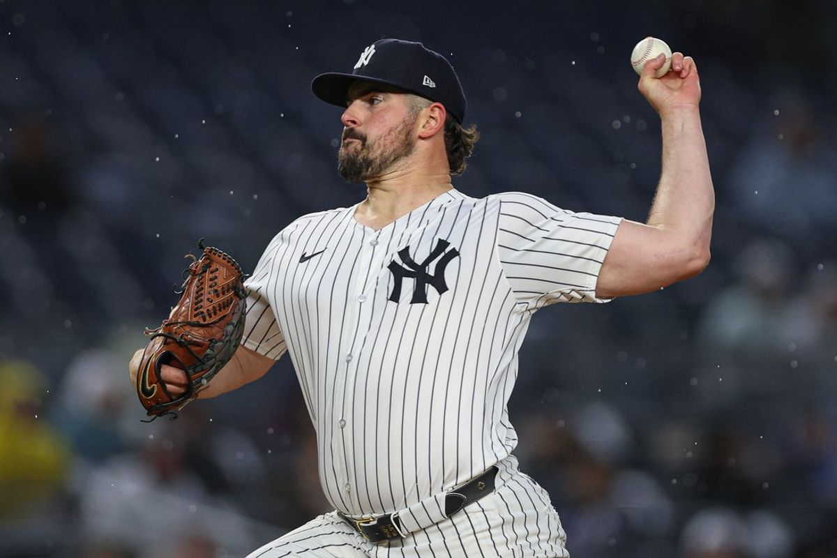 Apr 2, 2025; Bronx, New York, USA; New York Yankees starting pitcher Carlos Rodon (55) delivers a pitch during the first inning against the Arizona Diamondbacks at Yankee Stadium. Mandatory Credit: Vincent Carchietta-Imagn Images